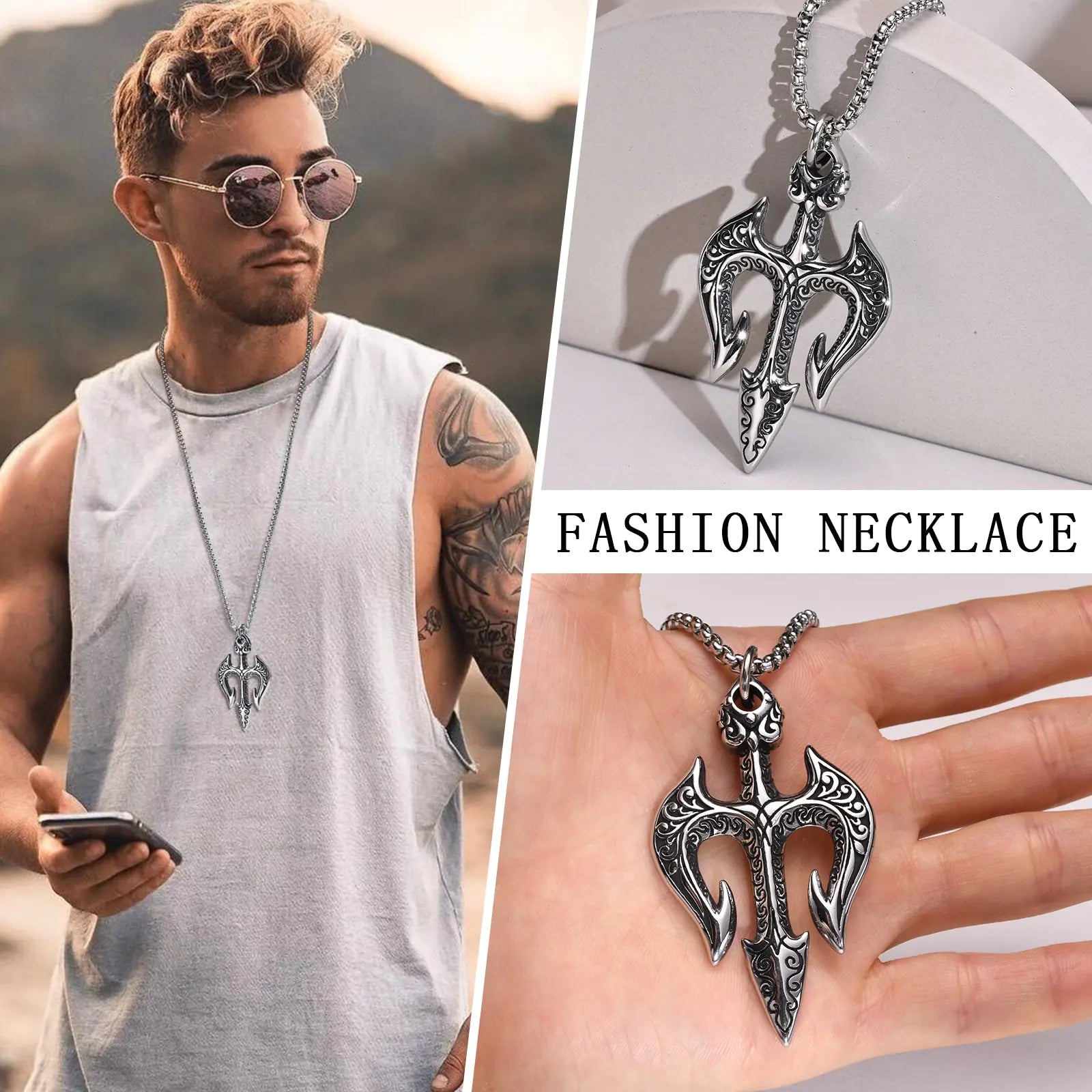 Vnox Men's Stylish Poseidon Trident Necklace